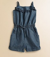 The cutest one-piece for your little girl, this lightweight ruffled romper is ready for stylish fun with adjustable straps, cuffed hem and pockets.Ruffled straight necklineAdjustable strapsPull-on styleBack elasticElastic waist with drawstring detailSide slash pocketsCuffed hem65% cotton/35% polyesterMachine washImported