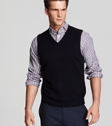 Unparalleled softness defines this dapper vest, a handsome addition to your workweek wardrobe. Wear a tie underneath to match your classic aesthetic.