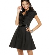 Look prim and slim in this ruffled all-black number, where a waist-cinching belt and full skirt create an perfectly femme, hour-glass shape!