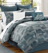 An ombre dye pattern of deep blue and white creates a soft, misty design upon this Indigo Ombre comforter set from Tommy Bahama. Variegated white striping upon the bedskirt adds a smooth, tailored finish to this ensemble. Pair with Indigo Ombre sheet sets to complete the look.