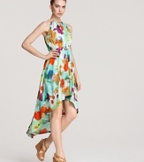 A bold artsy print and dramatic high/low hem make this ALTERNATIVE dress a statement-making stunner.