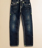 Thick, contrast stitching with neon bartacks, silvertone hardware and signature horseshoe pockets define this slim-fitting, dark wash pair.Front button closureAdjustable waistband with belt loopsZip flyFive-pocket styleCottonMachine washImported of domestic fabric