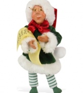 With a pen in-hand and pencil behind his ear, Santa's little helper checks the list to ensure all good boys and girls are accounted for. An adorable figurine with the unmistakable style of Byers' Choice.