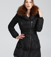 A plush fur collar lends a luxe finish to this belted, down-filled coat with packable hood from Add Down.