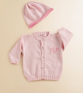 A cozy set for the precious one in soft cotton. Includes cardigan and matching hat Pearlized button front Cotton; machine wash Made in USASIZING GUIDEXX-Small = 6-9 monthsX-Small = 12-18 monthsSmall = Size 2-4Medium = Size 6-8Large = Size 10FOR PERSONALIZATION Select a quantity, then scroll down and click on PERSONALIZE & ADD TO BAG to choose and preview your monogramming options. Please allow 4-6 weeks for delivery.