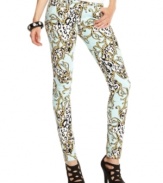 Covered in a vivid scarf-print, Celebrity Pink Jeans' five-pocket skinnies wake-up your world with super-graphic style!