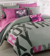 Hop on board with this bold and ultra-modern Express duvet cover set. Features black and pink oversized Roxy lettering in different patterns on a grey background.