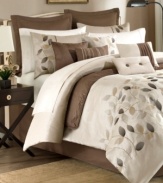 Serene dream. Flowing leaves are beautifully embroidered on a lustrous ground in this Serene comforter set, featuring a warm palette of brown and tan tones that soothe the soul. The quilted coverlet draws in a layer of dimension while shams and five decorative pillows complete the look.