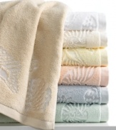 Let the calmness of the sea wash over your bathroom décor. Inspired by the Sea, Sand & Sky Design by Lenox, these Seaside Embellished bath towels feature woven seashell designs over pure cotton terry to create a soft, glimmering shell pattern.