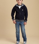 Stonewashed and faded, subtly distressed and whiskered, with a perfect slim fit.Button waist with belt loopsZip flyFront scoop pockets and angled coin pocket with rivetsBack patch pockets, one with embroidered logoSlim fit98% cotton/2% elastaneMachine washImported