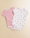 A pack of two adorable bodysuits rendered in ultra-soft printed cotton jersey.Envelope necklineShort sleevesBottom snapsPrinted tag to prevent skin irritationCottonMachine washImported Please note: Number of snaps may vary depending on size ordered. 