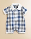 A handsome, yarn-dyed plaid in muted shades on light woven cotton makes a perfect playsuit.Contrast point collarShort sleeves with contrast trimEmbroidered logo on chestButton placketSnap legs with contrast trimCottonMachine washImported Please note: Number of buttons may vary depending on size ordered. 