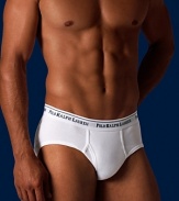 Three pack of 1x1 rib cotton low rise briefs with signature woven logo waistband.