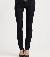 Sleek slim-fit hip huggers with a lower waist is perfect for the expectant mom.THE FITSkinny legs Medium rise, about 7½ Inseam, about 33THE DETAILSZip fly Button closure 98% cotton/2% elastane Dry clean or hand wash Made in USA of imported fabric