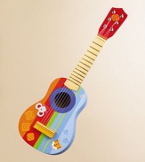 A wonderful child's guitar is brightly painted and the perfect size for small fingers. An easy, fun way to develop a child's hand-eye coordination and nurture an interest in music and the arts. Brass frets, metal machine heads Recommended for ages three and up 1½ pounds 7W X 21H X 2½D Imported