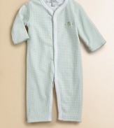 Baby's got two great looks, an allover print on one side and gingham print when reversed. Front snaps to bottom for a quick change Picot trim Cotton; machine wash Imported