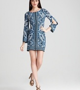 Split sleeves lend a bohemian look to Laundry by Shelli Segal's printed dress--an exposed zip front boasts dramatic flair.