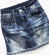 Distressed detailing and rhinestud accents kicks her denim style up a few notches with this skirt from Baby Phat.