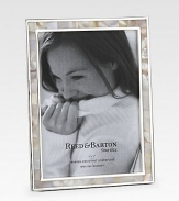 Pink mother-of-pearl tiles are pieced around a silverplated border to form a lustrous frame around any treasured photo. Wipe clean ImportedDIMENSION INFORMATION5 X 7 (7 X 8½ overall)8 X 10 (10 X 11½ overall)