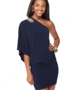 A beaded applique adds the a look of luxe to this Tempted one-shoulder mini dress -- perfect for a  glam look!