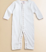 The softest cotton one-piece, decorated with charming floral vine trim.Snap closuresLong sleevesPicot edgingMachine washCottonImported