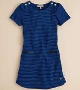 She'll go wild over Juicy Couture's trendy stripe dress, subtly accented with patent leather pocket trim and logo buttons at the shoulder.