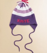 Cozy and warm in soft cotton, personalized just for her, and equipped with extra-warming ear flaps.Striped patternTie closureCottonHand or machine washMade in USAFOR PERSONALIZATION Select a quantity, then scroll down and click on PERSONALIZE & ADD TO BAG to choose and preview your personalization options. Please allow 2 to 3 weeks for delivery. 