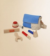Build a bridge or fix a door. This handy, children's tool belt fits up to a 25 waist. Includes a hammer, wrench, screwdriver, level tool and a measuring tape. The fabric tool belt is hand and machine washable.7W X 5.9H X 2DAbout .73 lbsEco-friendly PlanWood and rubberwoodWipe with damp clothRecommended for ages 3 and upAssembly requiredImported