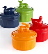 Character building. Bring your table to life with a quick splash of color topped off by a charming figural. An effortless way to make every meal more personal, these mini cocottes are great looking and great for cooking, too, with oven-to-table ceramic designs, glazed non-porous exteriors and a dishwasher-safe promise. Lifetime warranty.