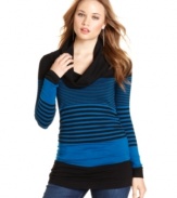 Go long! It's Our Time's striped sweater tunic features a cowl neck for classic style and the perfect length for wearing with leggings.