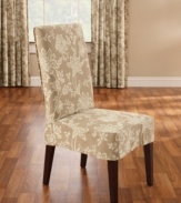 A floral take on classic cotton, the printed Verona slipcover from Sure Fit provides any style furniture with a sleek, draped look. Back elastic and inner pleating reduces the need for tucking, leaving an elegant finish. Choose from soothing tones of sage or cocoa.