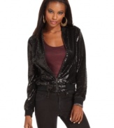 Make a high-shine statement in this sequined GUESS bomber jacket -- a super glam layering piece!