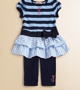 Stripes, ruffles and a sweet bow add flounce and a feminine touch to this must-have set.CrewneckShort cap sleevesPullover styleRuffled, skirted hemElastic waistbandLogo embroidery95% cotton/5% spandexMachine washImportedAdditional InformationKid's Apparel Size Guide 