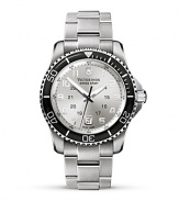 A stylish black bezel offsets this silver-tone stainless steel watch from Swiss Army.