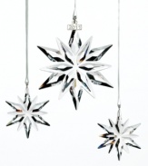 Celebrating 20 years of Swarovski's Annual Edition Christmas ornament, this elegant boxed set includes one Annual Edition 2011 and two Little Star ornaments. Each piece hangs elegantly on a delicate white satin ribbon and sparkles beautifully in clear crystal. The perfect gift for your loved ones!