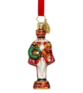 Commander in cheer. Outfitted in grand, sparkling style, this handcrafted Grand Guard Gem ornament hails from Christopher Radko and features brilliant glass trimmed in dazzling glitter.