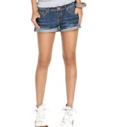 From the extreme whiskering and frayed cuffs to the fun, back pocket studs, these five-pocket shorts from Dollhouse have everything you need to score totally cool style!