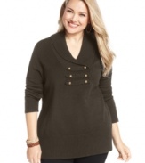 Salute the cold weather season with Debbie Morgan's shawl collar plus size sweater, featuring military styling.