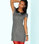 A perforated peter-pan collar brings school-marm charm to BeBop's metallic sheath dress. Style the pretty frock with glittery accessories for a look that lights up the night.