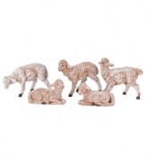 Make your Nativity set up even more special with this set of five white sheep, each in a different pose and with a unique facial expressions.