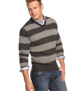 Rugby style sweater by Weatherproof Vintage will keep you looking dapper even over layers.