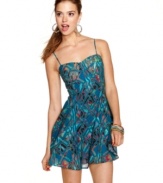 A bustier top adds structure to a wild and colorful print on this a-line day dress from Material Girl -- a perfect pick for your daily adventures!