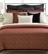 Lauren Ralph Lauren's Bleecker Street-inspired duvet cover creates a distinctly rich ambiance. Features a deep red paisley pattern and black velvet ribbon frame on the front. Reverses to solid; top hidden button closure. (Clearance)