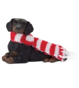 Bark up the right tree with a Christmas ornament for your dog – or a fellow animal lover! A cute black dachshund waits patiently for treats, dressed in a festively striped scarf. From Sandicast.