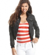 The classic jean jacket gets a tough girl edge with this bomber style from Jou Jou! Featuring double zippers and sleek coated denim, this jacket is the ultimate in cool!