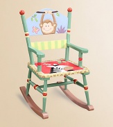 From the Sunny Safari Collection. Bright and cheerful, this little rocker is adorned with hand-painted jungle animals.19½W X 26H Constructed of MDF Imported Recommended for ages 3 and up Please note: Some assembly may be required. 