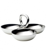 Smooth silver plate renders extra brilliant with the clean, fluid lines of Vertigo giftware. Ideal for olives, candies or nuts, this small 3-section server features a twisted ring for improved functionality and contemporary flair.