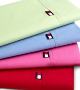 Tommy Hilfiger presents these soft, 200-thread-count combed cotton sheets in a range of vivid colors. Fabric becomes more luxuriously soft with every wash. Set includes a flat and fitted sheets and two standard pillowcases. Extra-deep pockets fit mattresses to 15 thick.