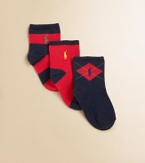 Three distinctive pairs of sporty, cotton-rich socks share a bold palette, one stripe, one argyle and one solid.Ribbed cuffEmbroidered contrast polo player logo82% cotton/17% nylon/1% spandexMachine washImported