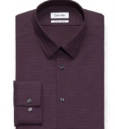 Sharp and simple-this Calvin Klein patterned shirt touts a slim fit and no-iron material for style that can't go wrong.